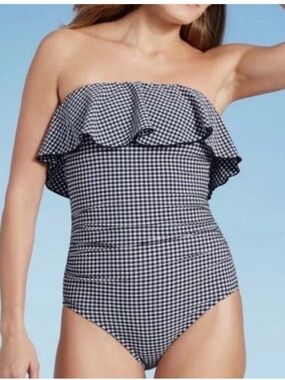 Kona Sol Blue & White Gingham Ruffle One-Piece Swimsuit